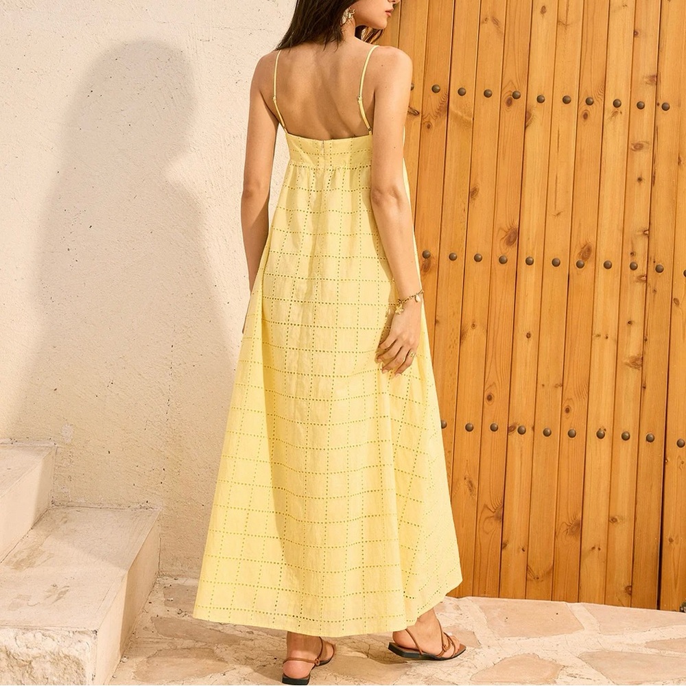 Commense Yellow Cotton Eyelet Maxi Dress XS Backless Adjustable Straps NWT - Picture 3 of 12